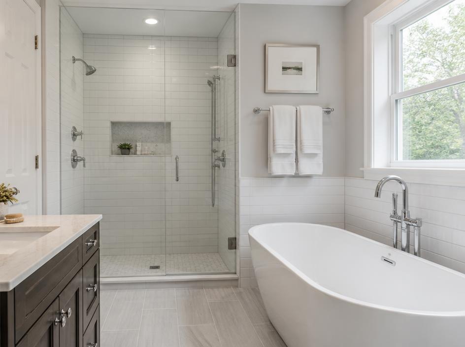 Elegant modern bathroom remodel with freestanding tub and glass shower